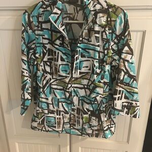 Chico's Blue, Black and Green Graphic Lightweight Zip Topper